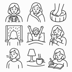 Peaceful Home Icons. Line style icons of peaceful moments at home: cup in both hands, eyes closed in blanket, feet on pouf,