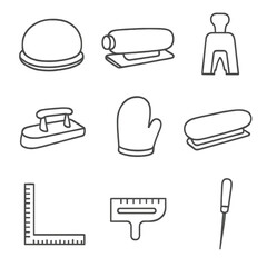 Tailoring Tool Icons. Line style icons of tailoring tools: tailor&rsquo;s ham, sleeve roll, pattern notcher, clapper block, pressing