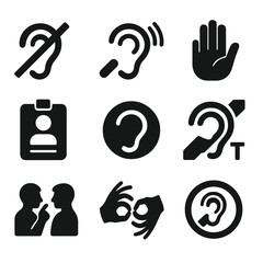 Deaf Accessibility Icons. Solid style icons of deaf and hard-of-hearing symbols: ear with slash, hearing symbol with waves, ASL