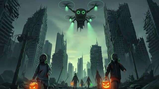 Post-Apocalyptic Halloween - Children in Gas Masks & Ragged Costumes Trick or Treat in Ruined City, Glowing Candy, Robot Ghost Drone