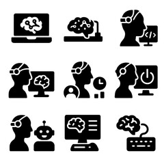 BCI Workstation Icons. Solid style icons of hybrid brain workstations: BCI-powered laptop, brain-control interface on desk,