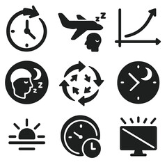 Jet Lag Icons. Solid style icons of jet lag and shift worker sleep: time zone shift icon, airplane sleep icon, jet lag adjust