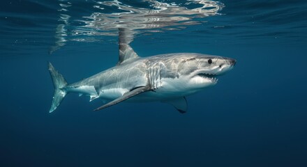 Naklejka premium A great white shark swims in clear blue water its sharp teeth visible