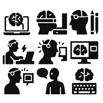 BCI Workstation Icons. Solid style icons of hybrid brain workstations: BCI-powered laptop, brain-control interface on desk,