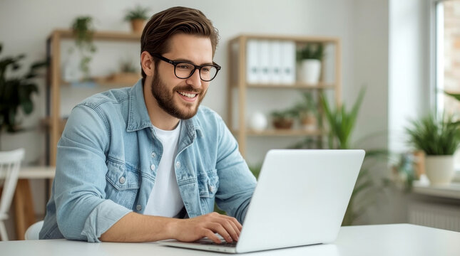 Smiling young man using laptop studying working online at home, smiling man with a beard and glasses, wearing a light blue denim shirt over a white t-shirt, is happily typing on a silver laptop