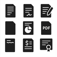 Solid Document Icons. Solid style icons of document and print items: printed paper, signed contract, draft document, report cover,