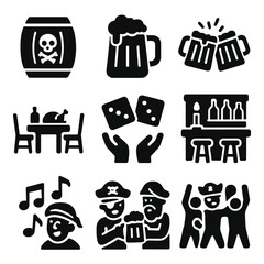 Pirate Tavern Icons. Solid style icons of pirate tavern and gatherings: rum barrel, tavern mug, group toast, pirate feast table,