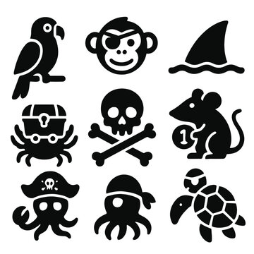 Pirate Animal Icons. Solid style icons of pirate animals and mascots: parrot on perch, monkey with eyepatch, skull with crossed