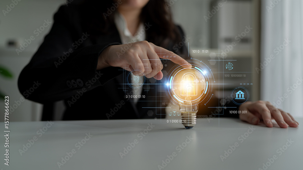Poster cybersecurity system interface with biometric lock and data protection. cybersecurity protects acces