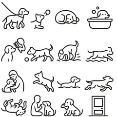 Fototapeta premium Pet Activity Icons. Line style icons of pet activities: walking, playing fetch, napping, bathing, brushing, chasing ball, digging,