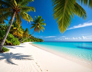 Tropical beach with palm trees and turquoise sea under blue sky