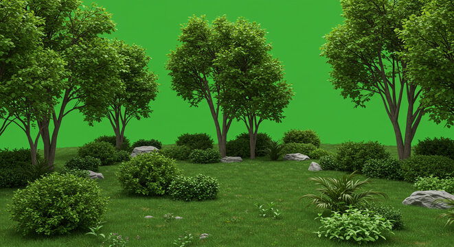Lush green garden scene with trees bushes and grass against a bright green background for compositing