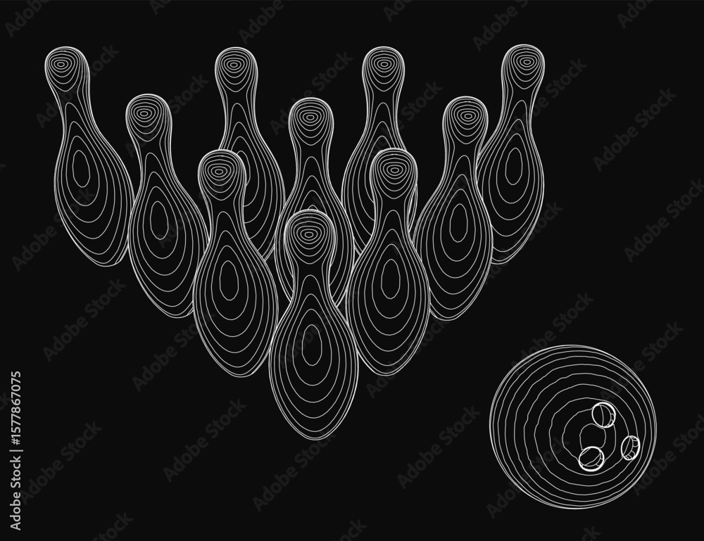 Poster bowling pins arranged in a circular pattern on a black background, drawn with clean white lines. the