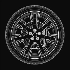 Obraz premium A black and white car wheel stands out against a dark background, centered with clean lines and bold contrast. The minimalist design highlights the wheel's intricate details and symmetry.