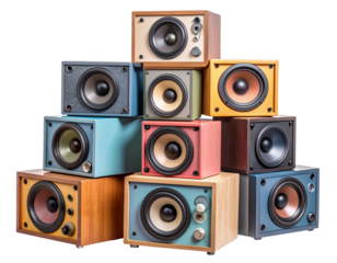 Colorful Retro Speaker Stack with Vinyl Details – Vintage Style PNG Isolated