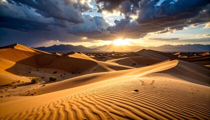 Golden desert dunes at sunset, dramatic clouds