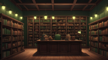 A dark academia-style bookstore with deep wooden textures, green lamps, and towering shelves filled with classics