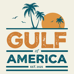 Fototapeta premium Vintage Coastal Sunset with Palm Trees - Gulf of America Est. 2025 Graphic