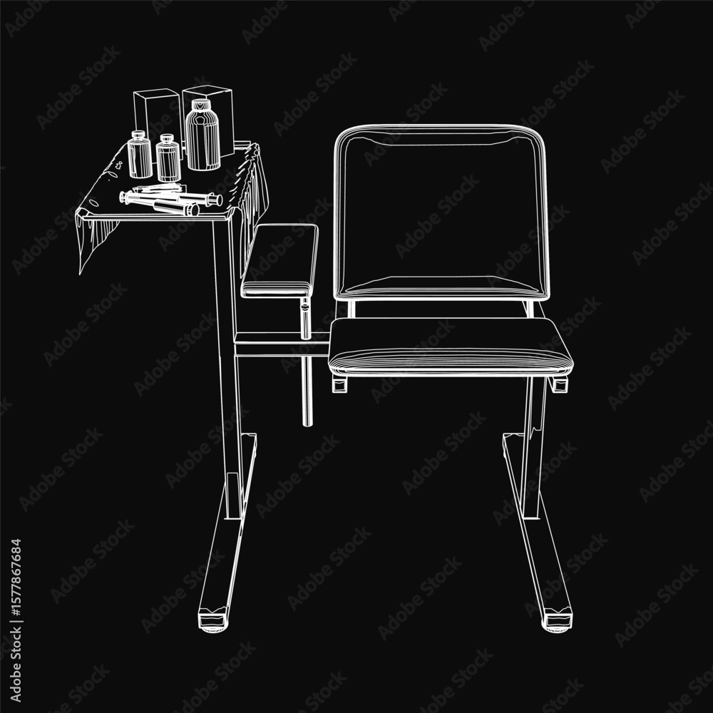 Poster a black and white sketch of a hospital chair with a table in front, holding bottles and scattered ob