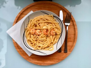 delicious spaghetti with shrimps, tomatoes, basil and cheese - italian food style. 