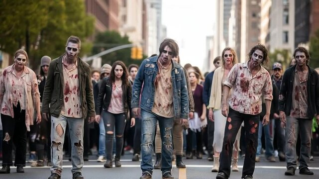 Zombie Apocalypse Horde Shuffling Down City Street - Creative Makeup, Tattered Costumes, Synchronized Staggers & Eerie Dances