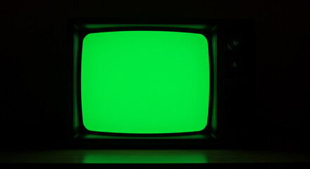 A vintage television set with a bright green screen displayed in a dark room setting indoors