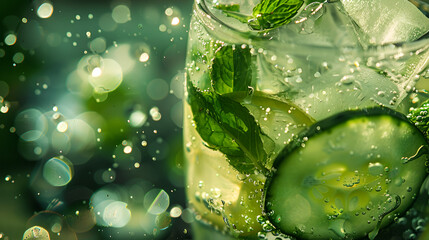 A refreshing drink with cucumber lemon and mint in a glass with bubbles and bokeh background effect .