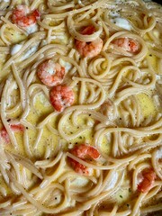 delicious spaghetti with shrimps, tomatoes, basil and cheese - italian food style. 