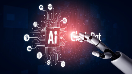 Fototapeta premium AI Virtual Assistant Artificial Intelligence Chatbot Controlled by Prompt Engineering for Explainable Generative AI information and LLM Deep Learning Technology for Smart Business Work Support. Vouch
