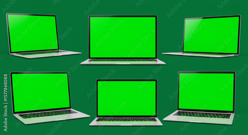 Poster multiple laptops with green screens arranged on a green background for chroma key compositing use