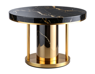 Minimalist Pedestal-Style Black Marble Table with Matte Gold Accents – Transparent Background