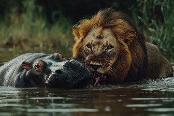 Male lion feasting on a dead hippo in a waterhole during the golden hour in the African savanna, Footage of a big male lion feeding on a dead hippo in a national park in south africa