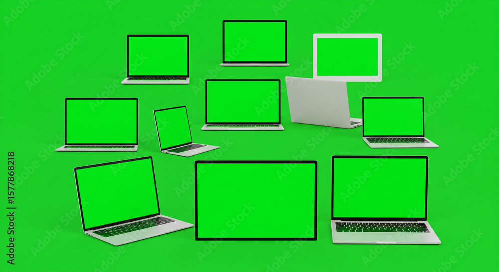 Poster multiple laptops and a desktop computer with green screens on a green background in a studio setting