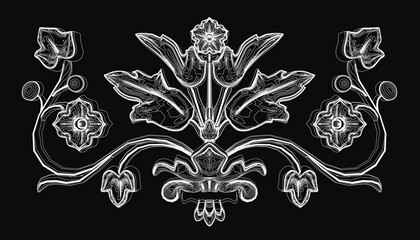 Intricate black and white floral ornament with detailed patterns and elegant curves. The design features a variety of shapes and textures, creating a striking contrast against the dark background.