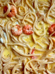 delicious spaghetti with shrimps, tomatoes, basil and cheese - italian food style. 
