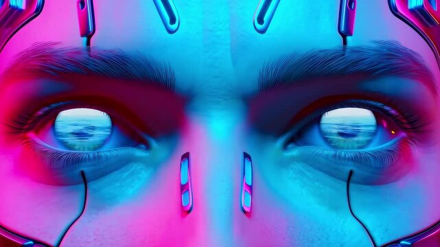 cyborg's head closed eyes on charging station, camera quickly zoom in cyborg's face he opens his eyes in which sea is splashing, neon lighting, concept of digital universe and development technology