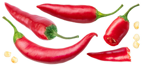 Set of fresh red chilli peppers isolated on white background. File contains clipping paths.