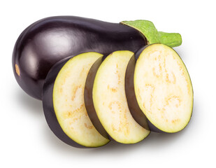 Fresh purple aubergine or eggplant with slices isolated on white background. File contains clipping path.