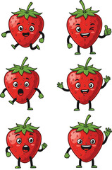 Cute and Playful Strawberry Mascot Character Collection, Expressing Various Emotions and Actions, Perfect for Food, Fun, and Children's Designs, Vibrant Red Fruit Illustration.