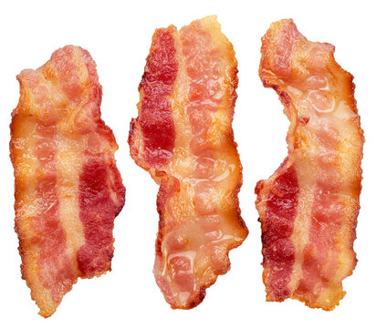 Three slices of fried pork belly bacon isolated. Top view.