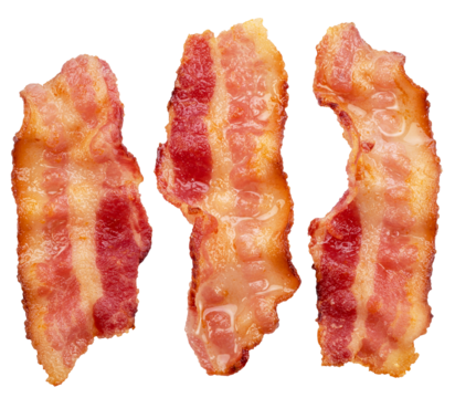 Three slices of fried pork belly bacon isolated. Top view.