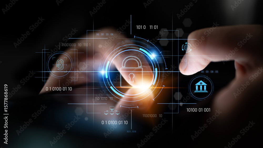 Poster cybersecurity system interface with biometric lock and data protection. cybersecurity protects acces