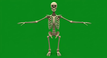 Anatomical skeleton model standing upright against a solid green background in a studio setting