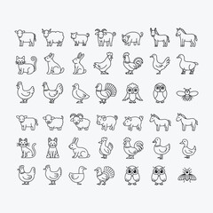 Farm Animals and Birds Line Art Icon Set Black and White