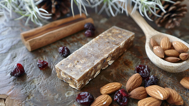 A close up of a granola bar with almonds and cranberries on a rustic surface with pine cones around it .