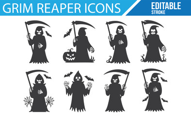 Set of Spooky Grim Reaper Icons with Scythe and Skull for Halloween