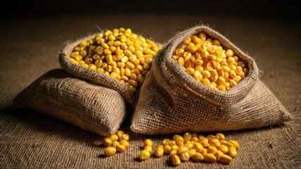 Three burlap sacks two filled with yellow grains and one partially filled resting on a burlap surface