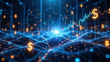 Digital waves surge with orange dollar symbols backed by graph data all aglow in cool bluetoned cyberspace