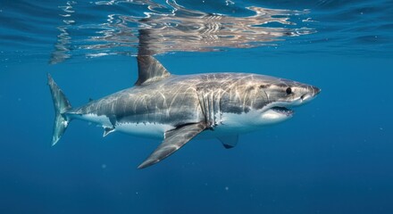 Fototapeta premium Great white shark swims in the ocean its mouth slightly open exposing teeth