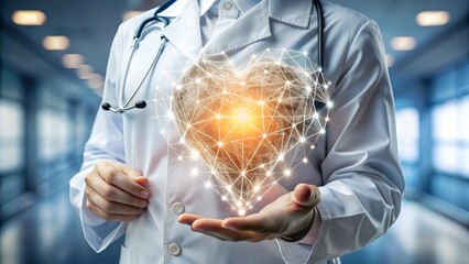 A doctor in a white coat holds a glowing, interconnected digital heart in their open palm, symbolizing advanced healthcare